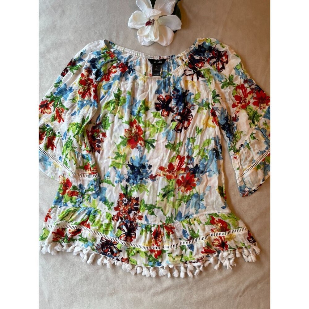 Ali Miles Floral Off-Shoulder Blouse With Tassel Hem Cottagecore Boho Bohemian
